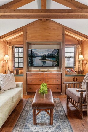 Smart TV, chimenea y libros 