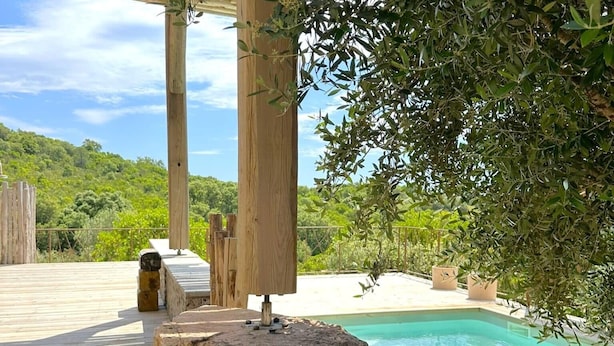 Eine Holzterrasse mit Pool, umgeben von viel Grün und blauem Himmel.