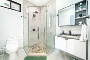A modern bathroom with a glass-enclosed shower, a toilet, and a vanity with a mirror.