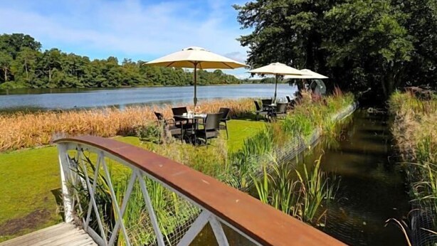 A wooden deck with chairs and umbrellas overlooking a calm lake, surrounded by lush greenery. - Cbh Frensham Pond Hotel (Farnham)