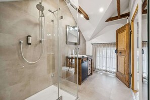 Shower, hair dryer, shampoo