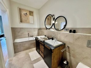 Shower, hair dryer, shampoo