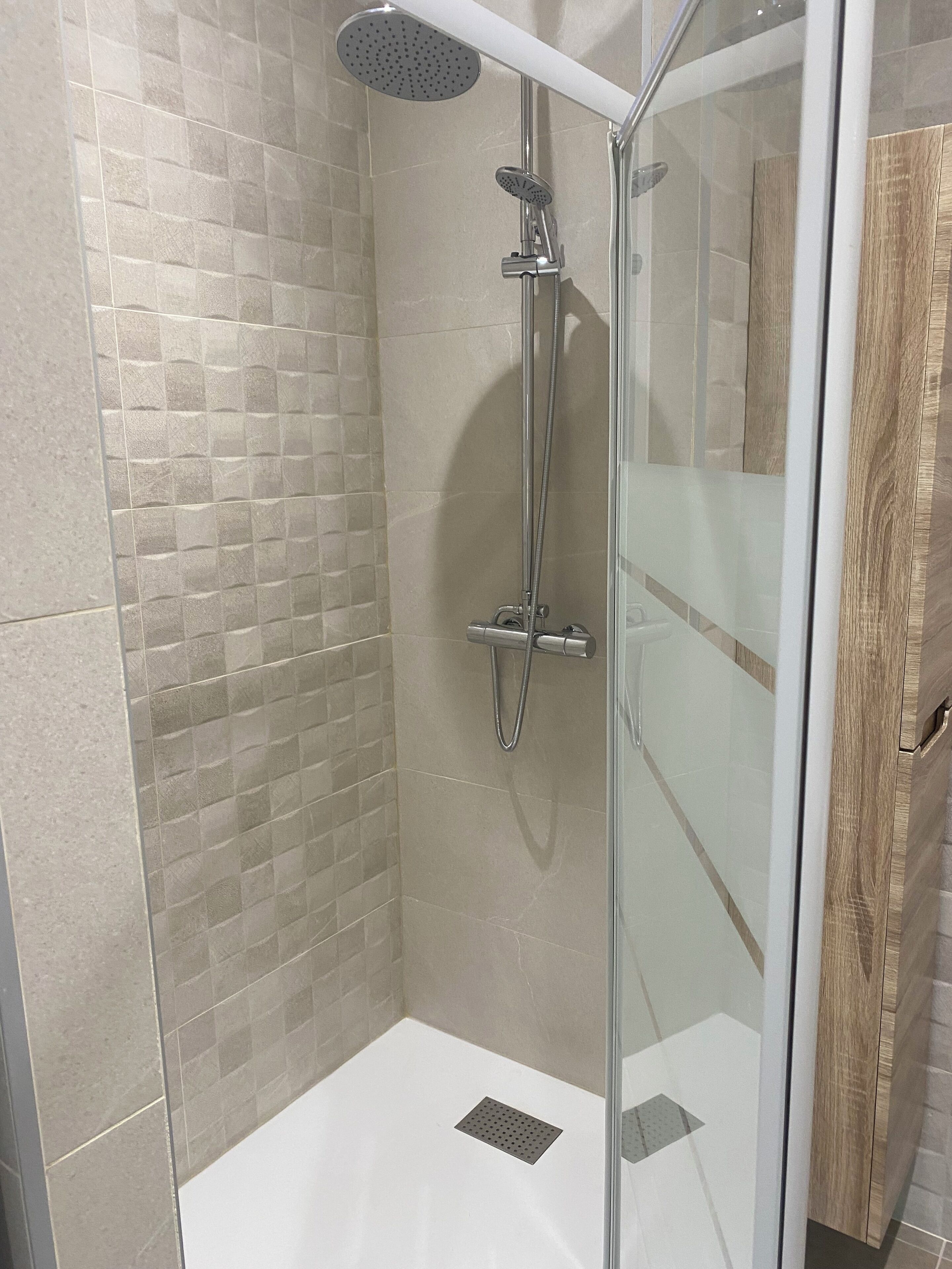 Une douche fermée par des parois en verre, dotée d’un pommeau de douche à main et d’un pommeau de douche fixe au plafond.