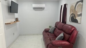 A living room with a red leather sofa, a mounted TV, an air conditioner, and a painting on the wall. - Charming guesthouse B 1-bedroom in North Lakeland with full kitchen, WiFi, AC (Lakeland)