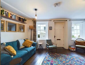 TV, fireplace, books