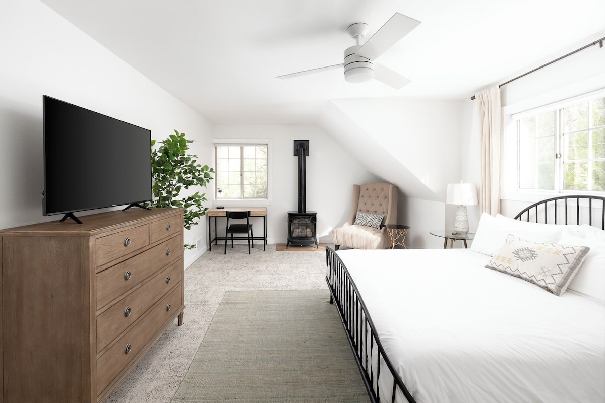 A bedroom with a bed, a dresser, a TV, a desk, a chair, a lamp, a plant, a heater, and a window.