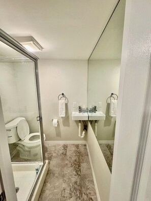 Dusche, Haartrockner, Handtücher, Seife
