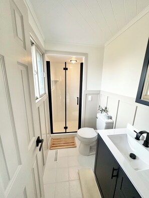 Ein modernes Badezimmer mit Dusche, Toilette und Waschbecken.