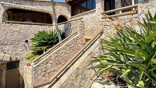 A stone building with a staircase, arched windows, and a palm tree.