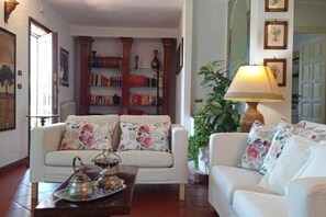 Smart TV, chimenea, libros y estéreo 