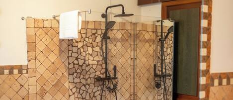 Shower, hair dryer, bidet, towels