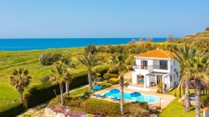 A white villa with a pool, surrounded by palm trees and a view of the sea. - Villa Pelagos (Nea Dimmata)