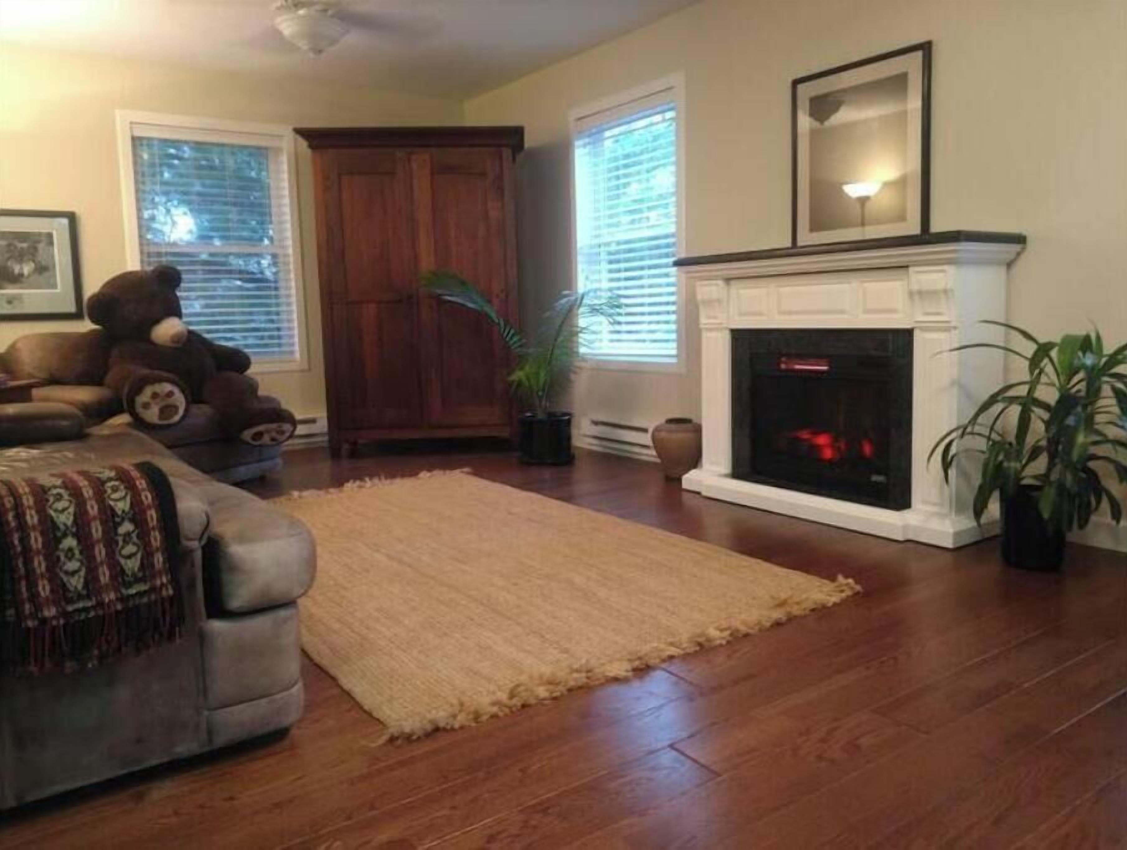 A living room with a fireplace, a sofa, a rug, and a large wooden cabinet.