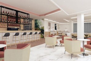 A modern bar area with a wine rack, bar stools, and a seating area with round tables and chairs. - Regency Salgados Hotel & Spa (Guia)