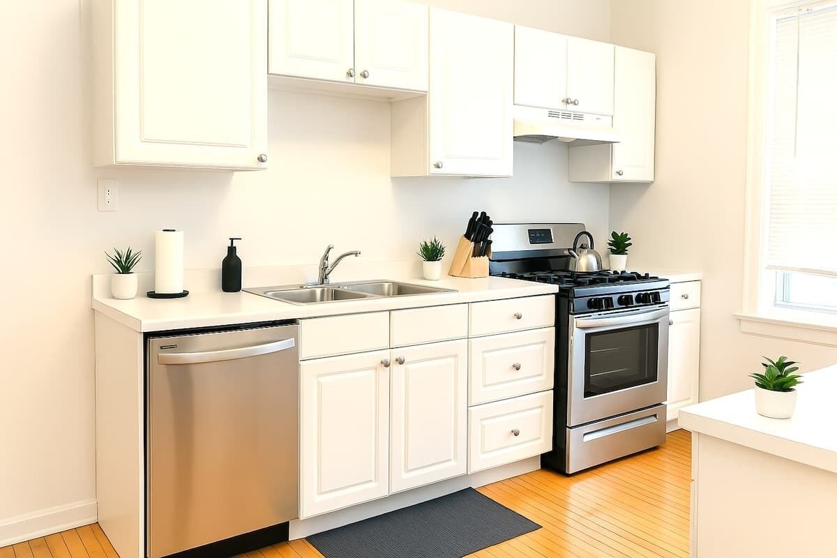 Réfrigérateur, un four, surface de cuisson, lave-vaisselle