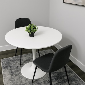 Een ronde witte tafel met een zwarte stoel en een potplant.