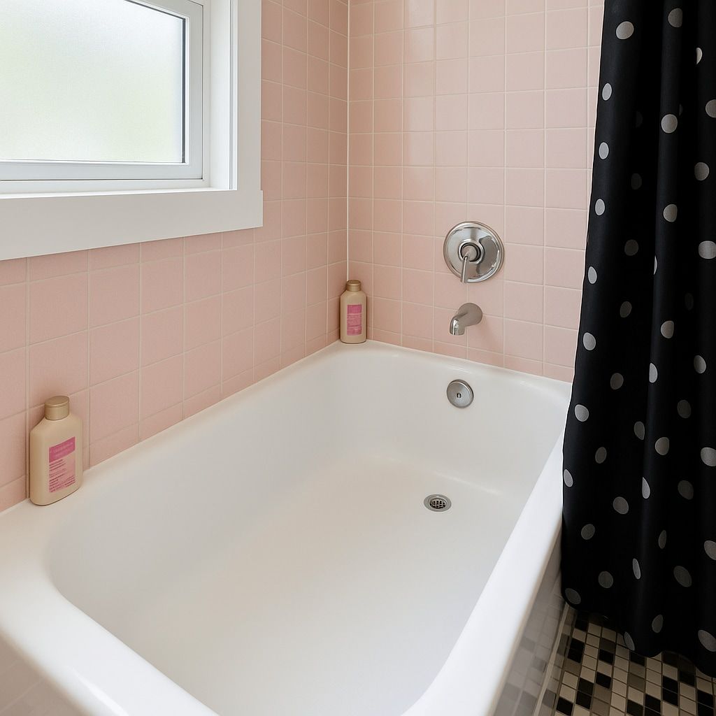 Un baño con una bañera blanca, paredes con azulejos rosados, una ventana y una cortina de ducha negra con lunares.