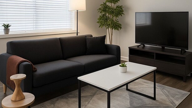 En moderne stue med sofa, sofabord, fjernsyn på et stativ, lampe og en potteplante.