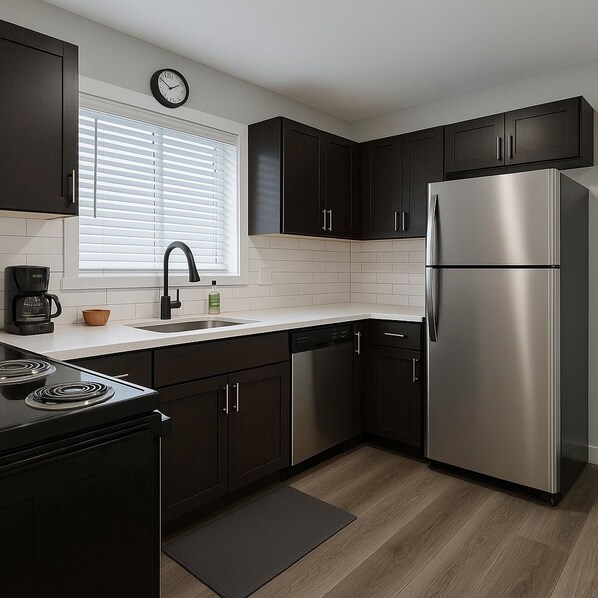 A modern kitchen with dark cabinets, stainless steel appliances, a black faucet, and a clock on the wall.