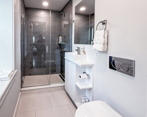 Douche, sèche-cheveux, serviettes fournies, papier toilette