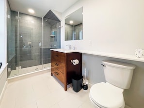 Shower, hair dryer, towels, toilet paper