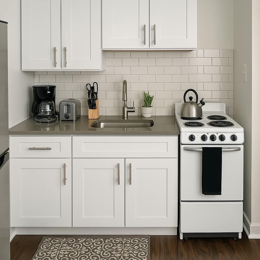 Kjøleskap, ovn, kokeplater og kaffetrakter/tekoker