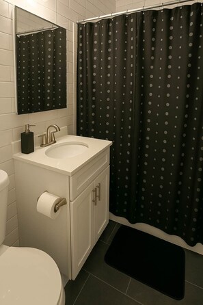 Douche, séchoir à cheveux, serviettes fournies