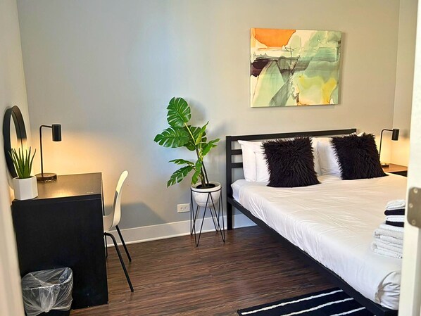 1 bedroom, desk, iron/ironing board, travel cot