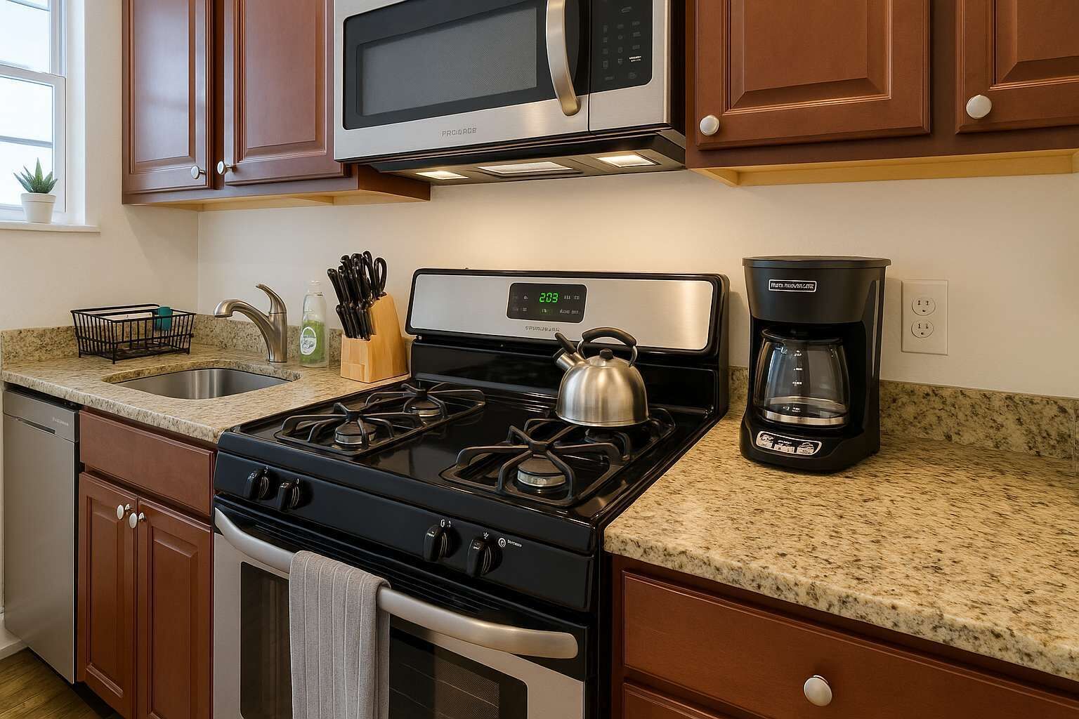 Fridge, microwave, oven, stovetop