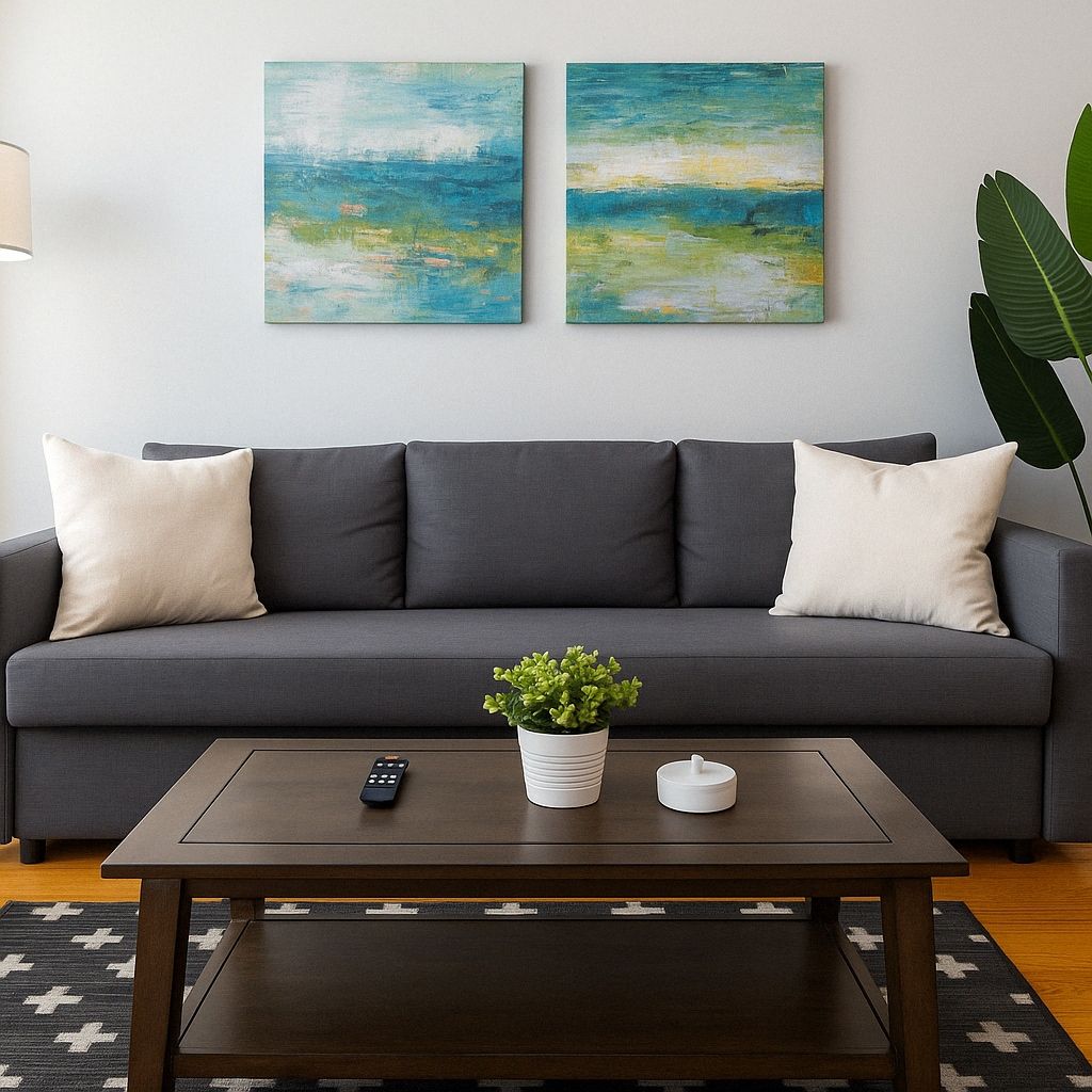 A modern living room with a grey sofa, two white cushions, a small table with a plant, a remote control, and a coffee table.