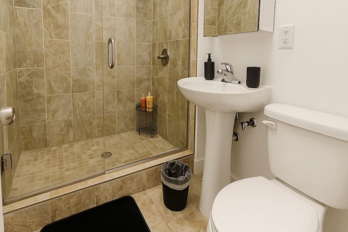 Ein Badezimmer mit Dusche, Waschbecken, Toilette und Mülleimer.