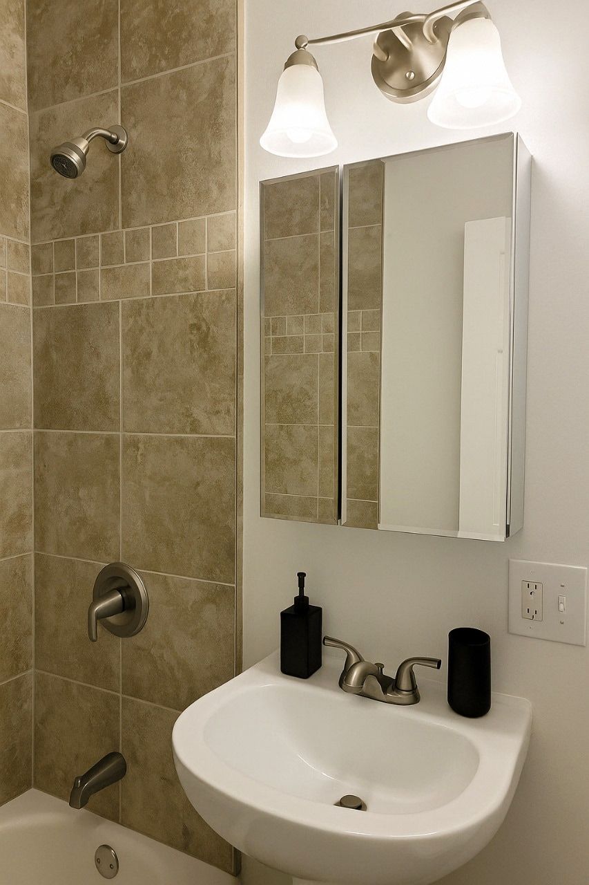A bathroom with a white sink, a mirror, a shower, and a light fixture.