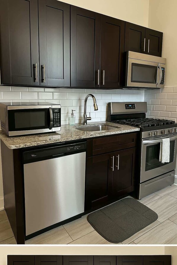 Fridge, microwave, oven, stovetop