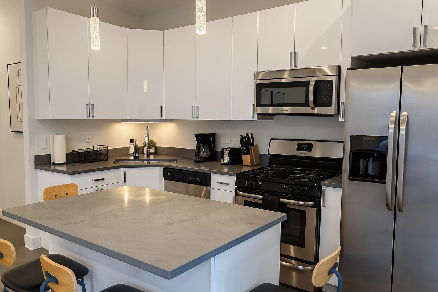 Una cocina moderna con armarios blancos, electrodomésticos de acero inoxidable, una isla central e iluminación colgante.