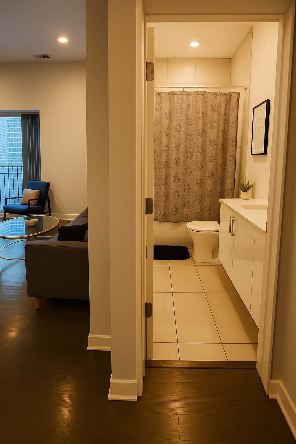 Un baño moderno con inodoro, cortina de ducha y un lavamanos pequeño.