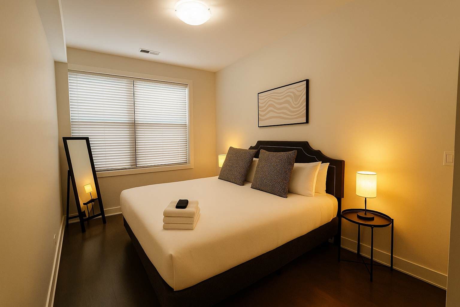 Habitación de hotel impecable con una cama grande, una mesita de noche con lámpara, un espejo de pie y una obra de arte enmarcada en la pared.