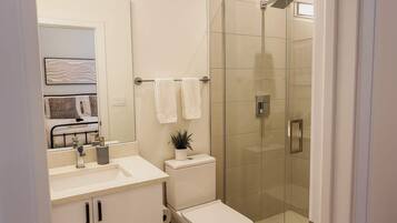 A modern bathroom with a glass shower enclosure, a toilet, and a sink with a mirror above it.