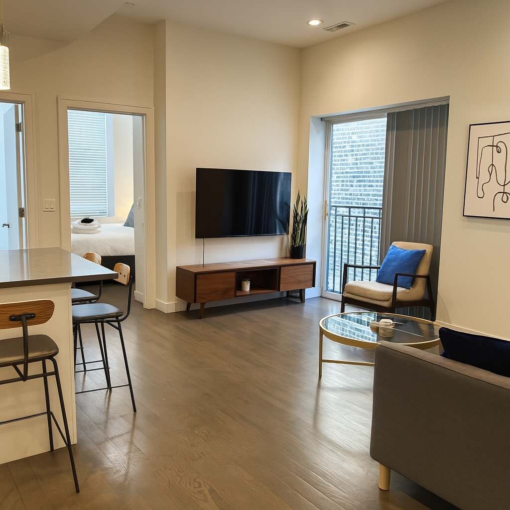 Una sala de estar moderna con una televisión de pantalla plana, un sofá, una mesa de centro y una zona de comedor con un taburete de bar.