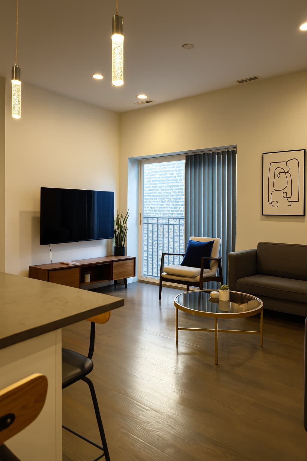 Een moderne woonkamer met een flatscreen televisie, een glazen salontafel, een bank en een fauteuil.