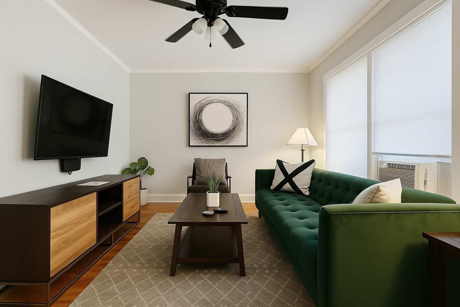 Een moderne woonkamer met een flatscreen televisie, een groene bank, een salontafel, een dressoir en een plafondventilator.