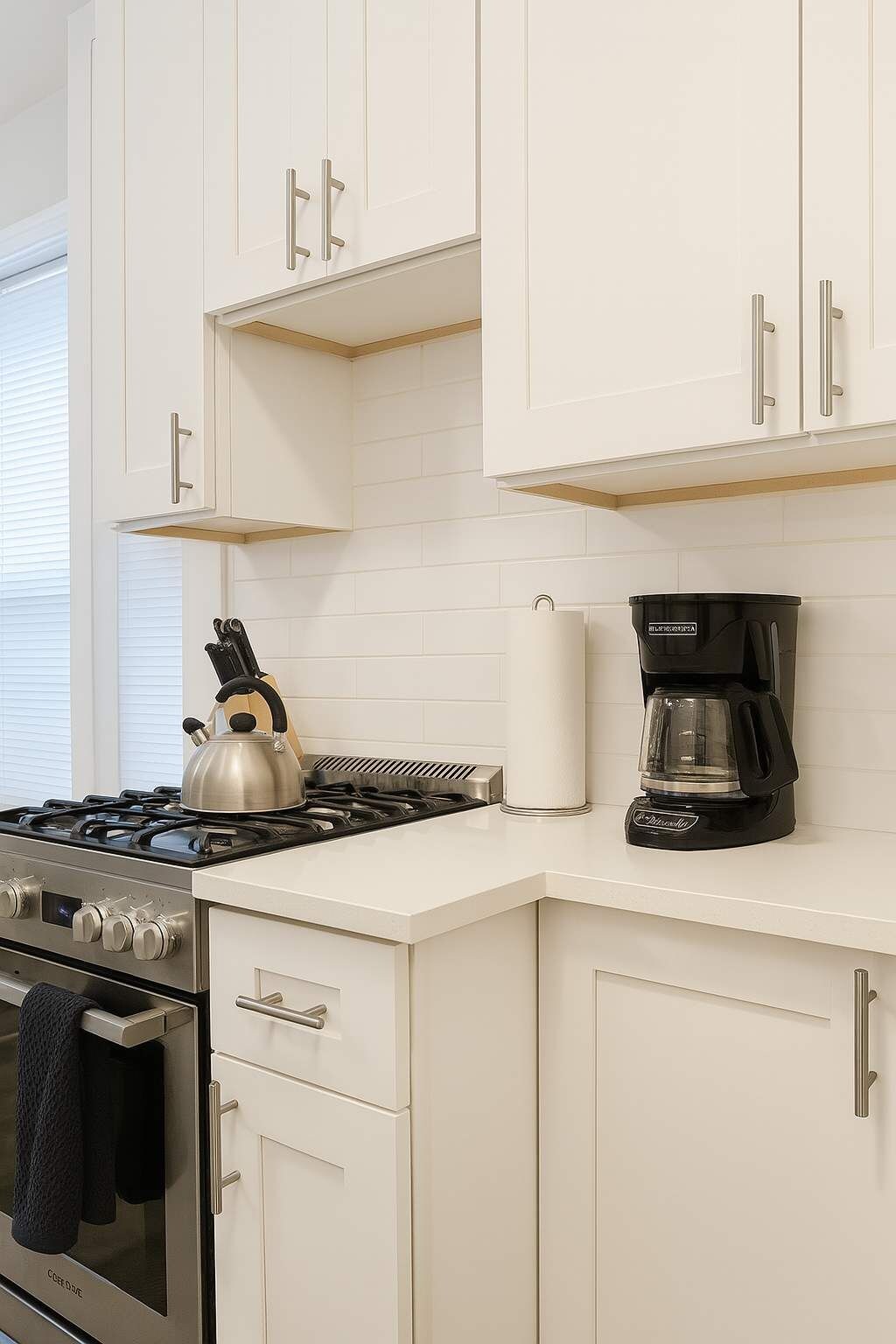 A kitchen with white cabinets, a stove, a kettle, and a coffee maker.