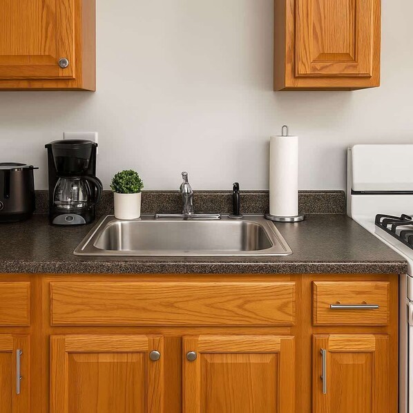 Fridge, oven, stovetop, coffee/tea maker