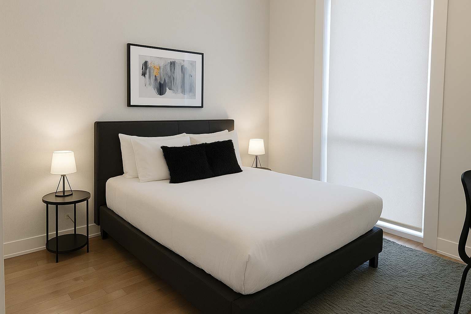 1 chambre, bureau, fer et planche à repasser, lit parapluie