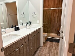 Shower, hair dryer, towels