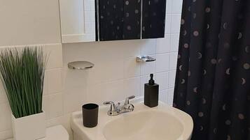 Chuveiro, secador de cabelo, toalhas de banho