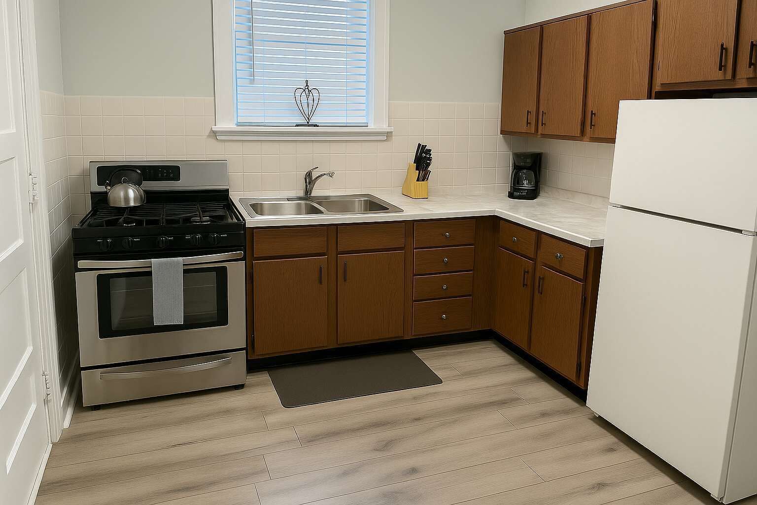 Fridge, oven, stovetop, coffee/tea maker