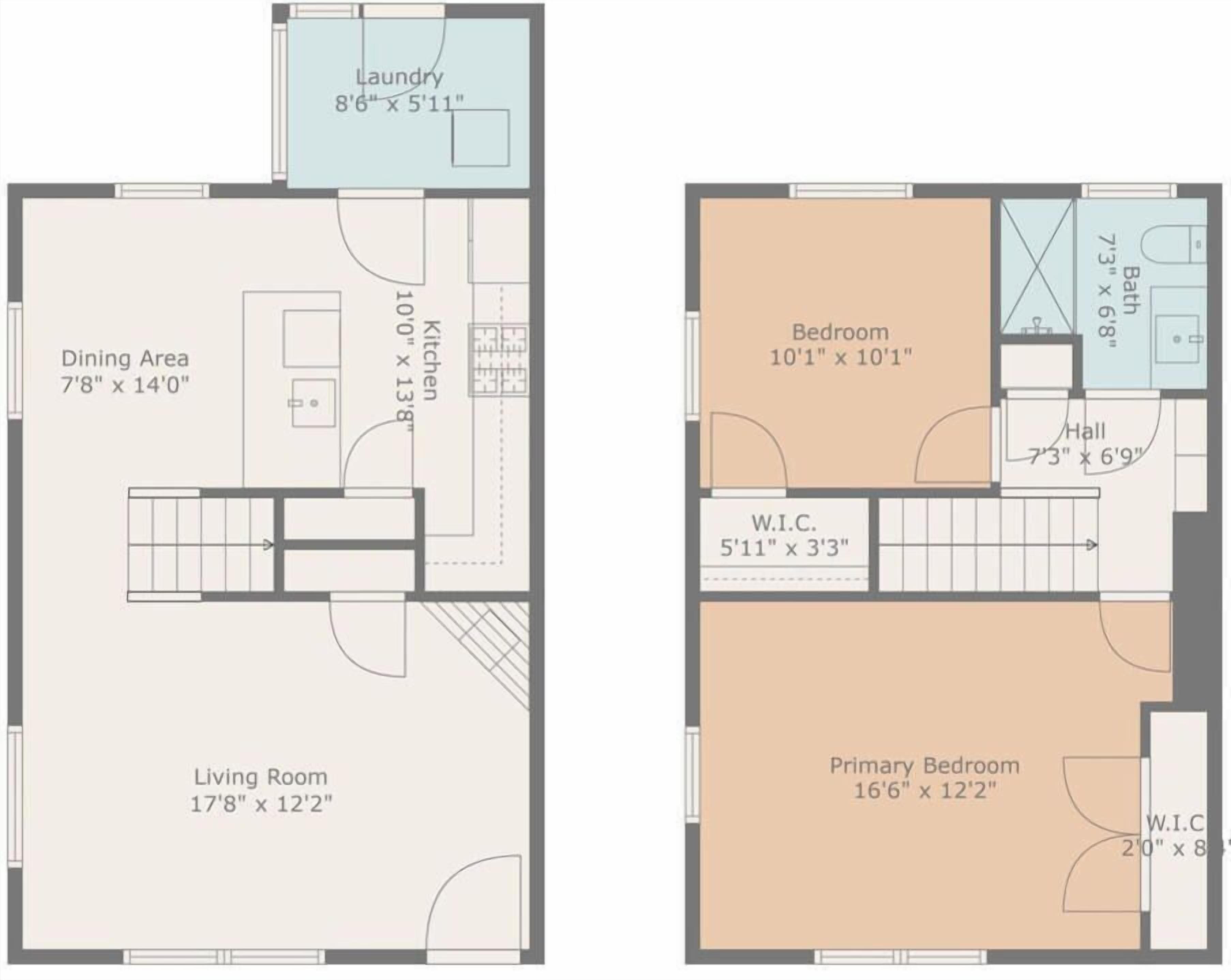 Een plattegrond met een woonkamer, eetgedeelte, keuken, wasruimte, slaapkamer en badkamer.