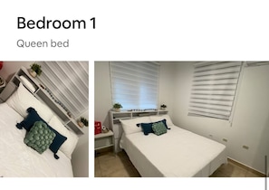 3 habitaciones, tabla de planchar con plancha y ropa de cama