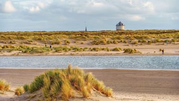 Un paisaje costero con una duna, playa y una masa de agua.