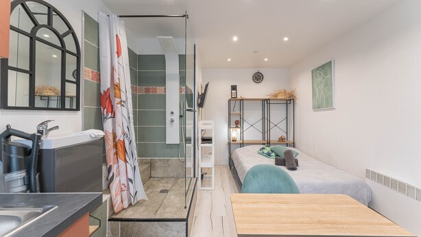 A modern hotel room with a shower, a bed, a small table, a sink, and a mirror.